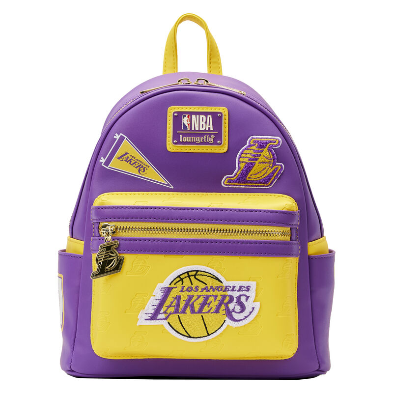 Purple and yellow mini backpack with the patches with the Lakers logos on it